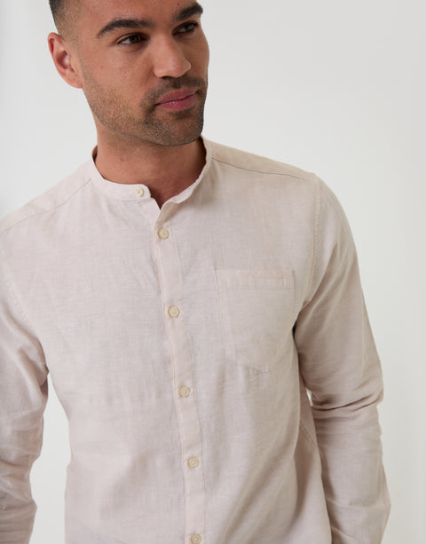 Threadbare Grandad Collar Linen Blend Long Sleeve Shirt in Light Stone - close up