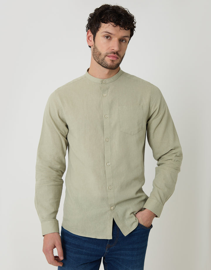 Threadbare Grandad Collar Linen Blend Long Sleeve Shirt in Sage Green - front view