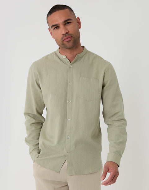 Threadbare Grandad Collar Linen Blend Long Sleeve Shirt in Sage Green - front view
