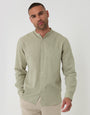 Threadbare Grandad Collar Linen Blend Long Sleeve Shirt in Sage Green - front view