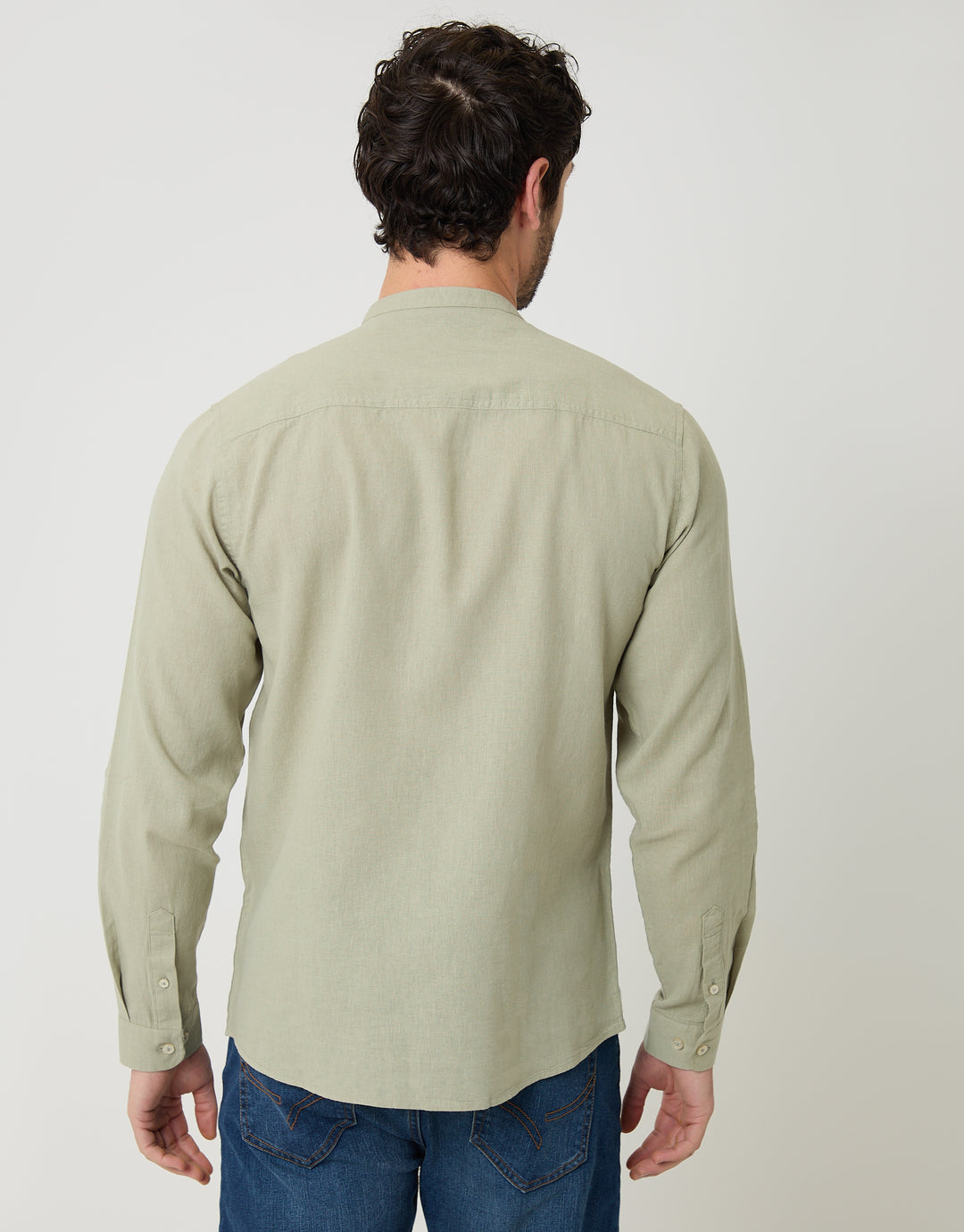 Threadbare Grandad Collar Linen Blend Long Sleeve Shirt in Sage Green - back view
