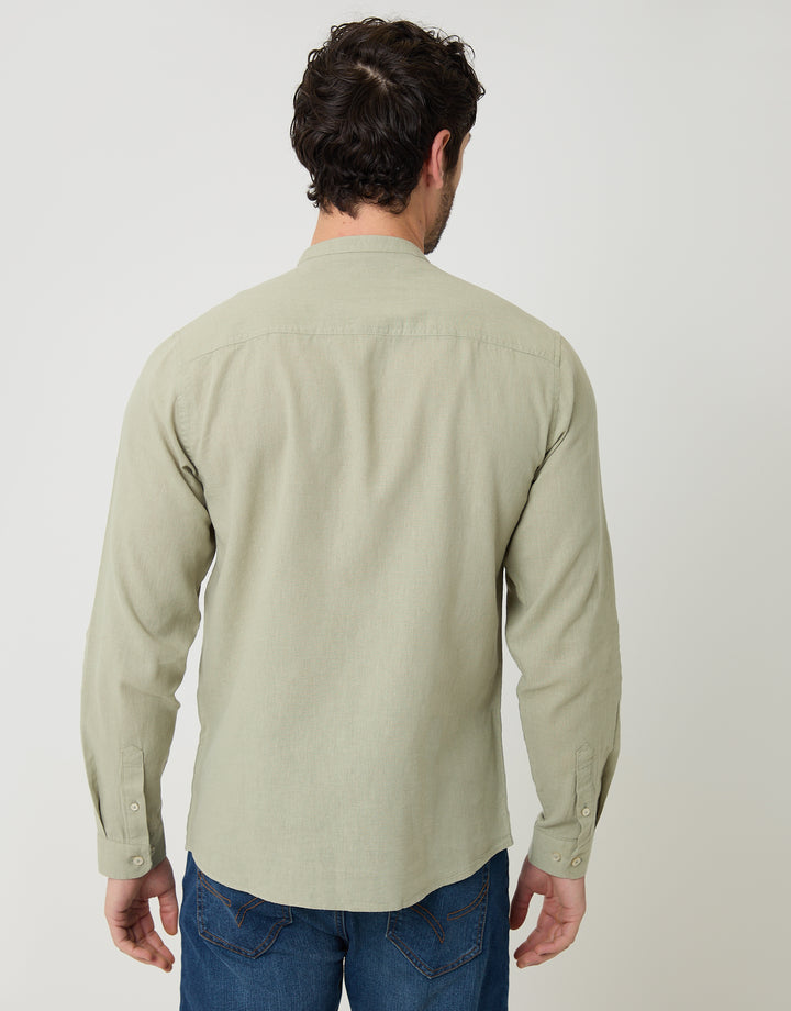 Threadbare Grandad Collar Linen Blend Long Sleeve Shirt in Sage Green - back view