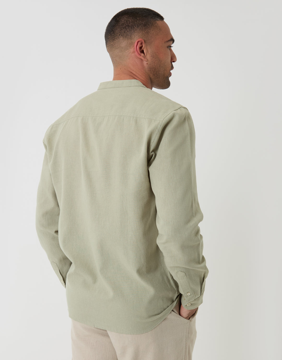Threadbare Grandad Collar Linen Blend Long Sleeve Shirt in Sage Green - back view