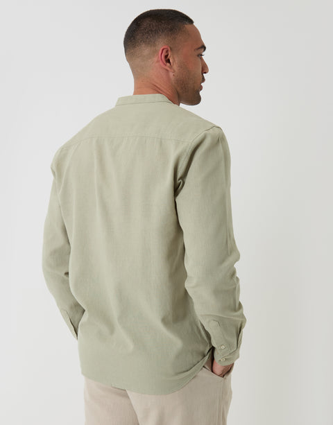 Threadbare Grandad Collar Linen Blend Long Sleeve Shirt in Sage Green - back view
