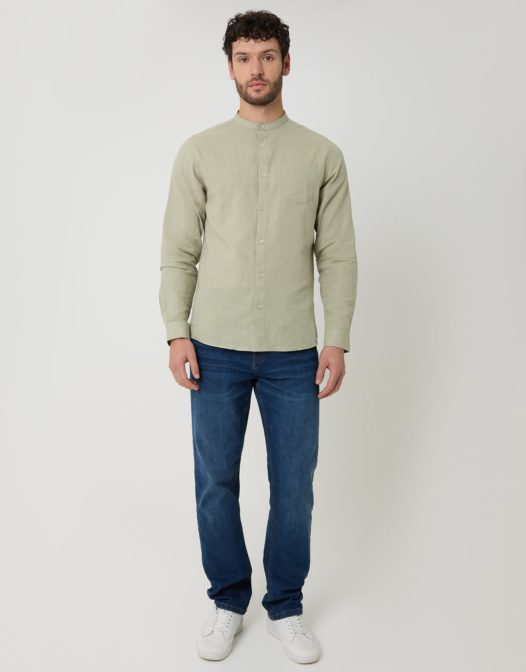Threadbare Grandad Collar Linen Blend Long Sleeve Shirt in Sage Green - full body