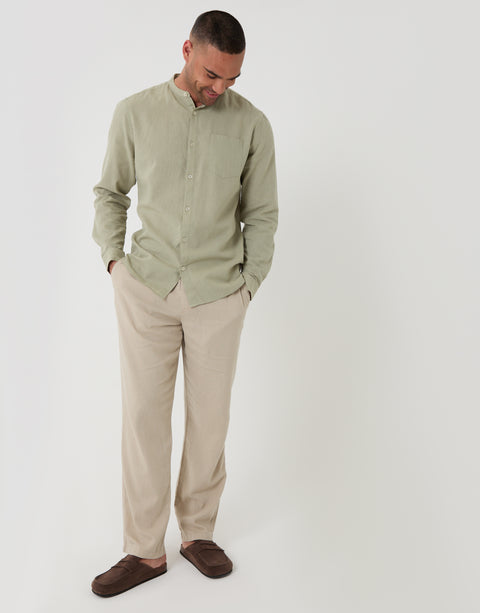 Threadbare Grandad Collar Linen Blend Long Sleeve Shirt in Sage Green - full body