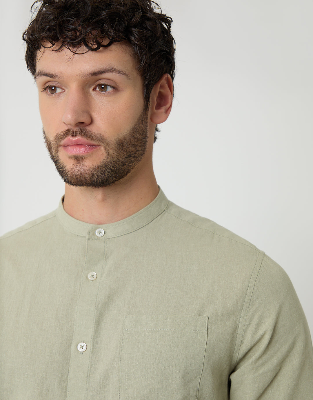 Threadbare Grandad Collar Linen Blend Long Sleeve Shirt in Sage Green - front view close up