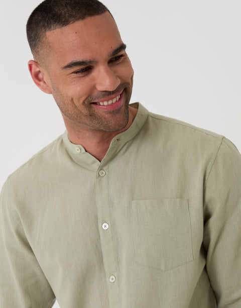 Threadbare Grandad Collar Linen Blend Long Sleeve Shirt in Sage Green - close up