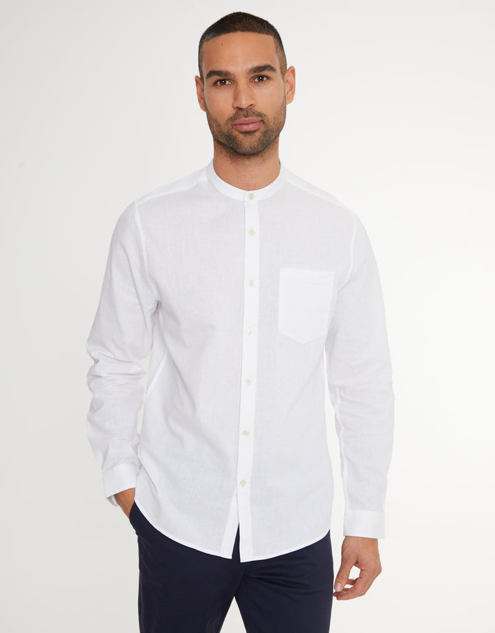 White Grandad Collar Linen Blend Long Sleeve Shirt