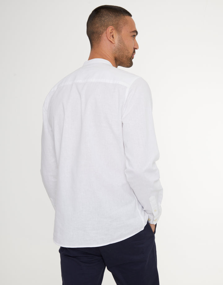 White Grandad Collar Linen Blend Long Sleeve Shirt