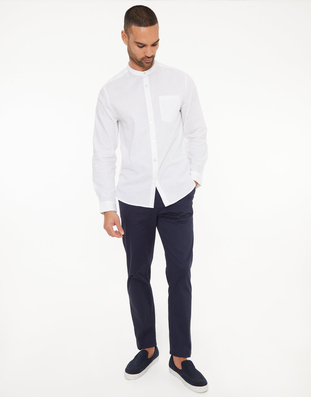 White Grandad Collar Linen Blend Long Sleeve Shirt