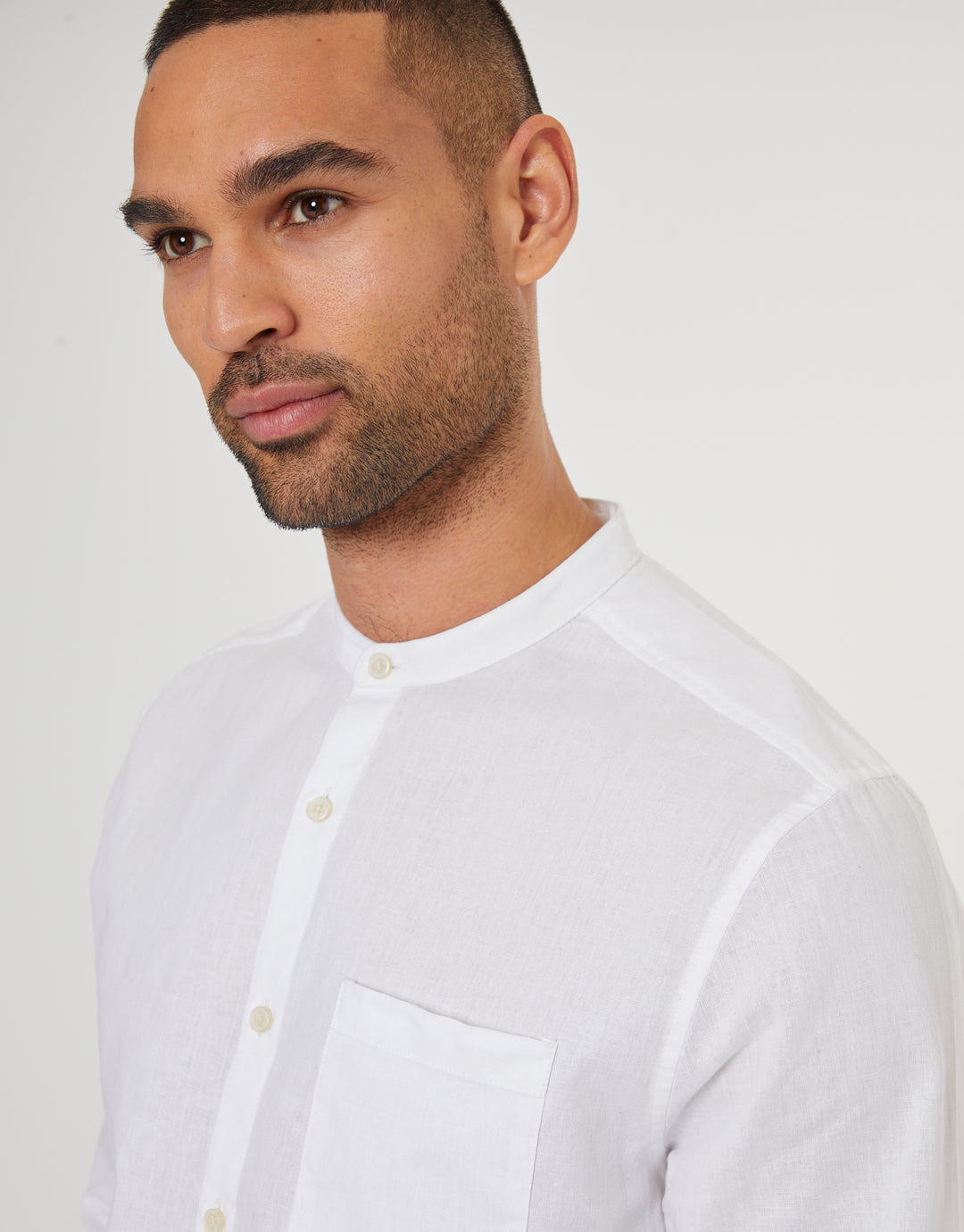 White Grandad Collar Linen Blend Long Sleeve Shirt