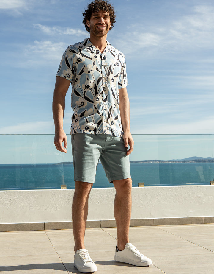 Sky Blue Floral Print Short Sleeve Shirt