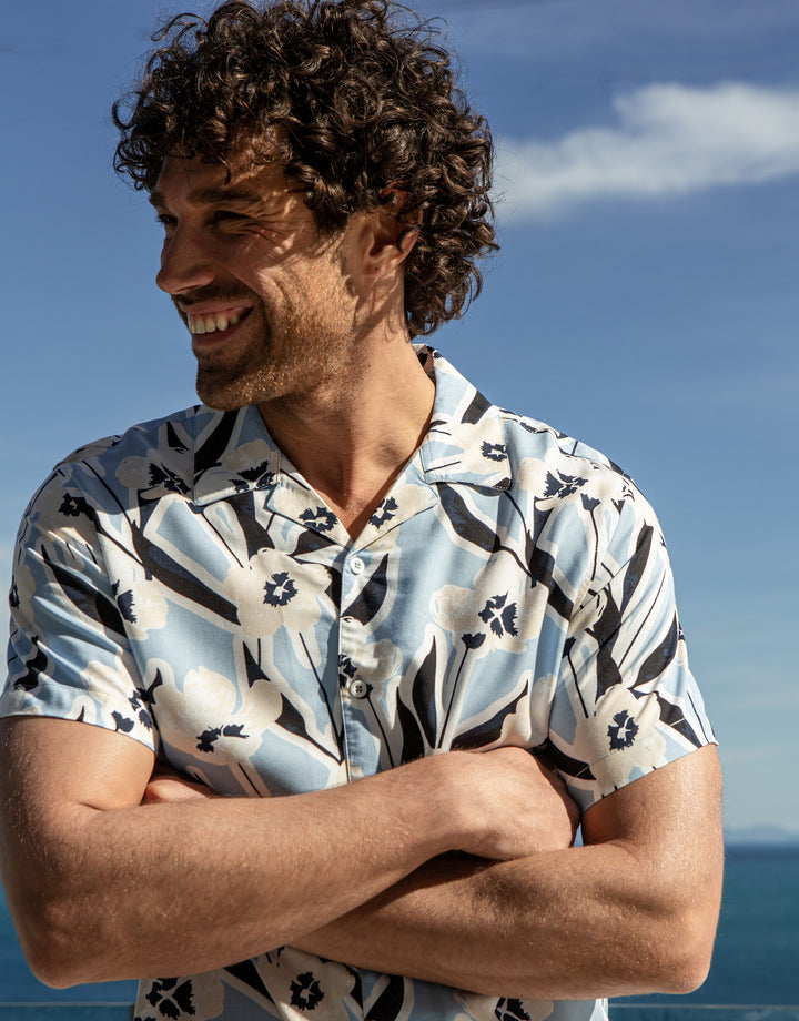 Sky Blue Floral Print Short Sleeve Shirt