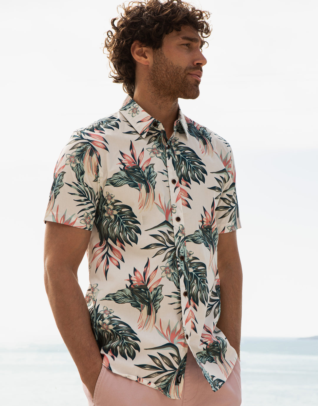 Off White Tropical Print Short Sleeve Shirt