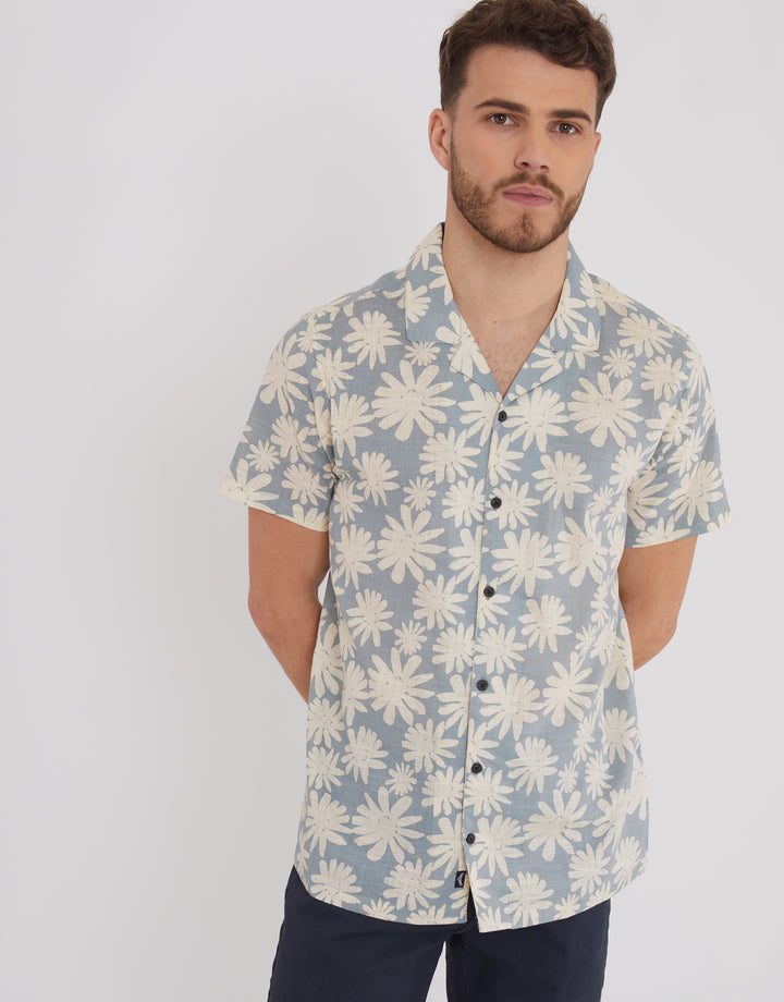 Blue Abstract Floral Print Short Sleeve Shirt