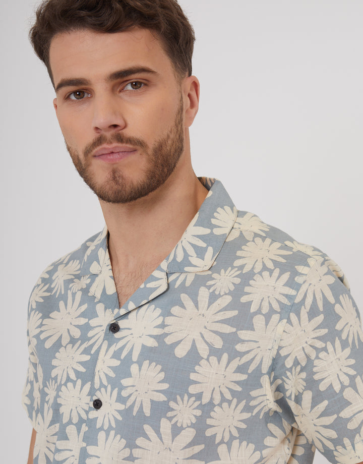 Blue Abstract Floral Print Short Sleeve Shirt