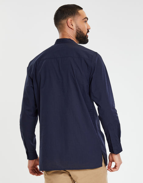 Men's Navy Blue Long Sleeve Tunic Kurta Eid Shirt – Threadbare