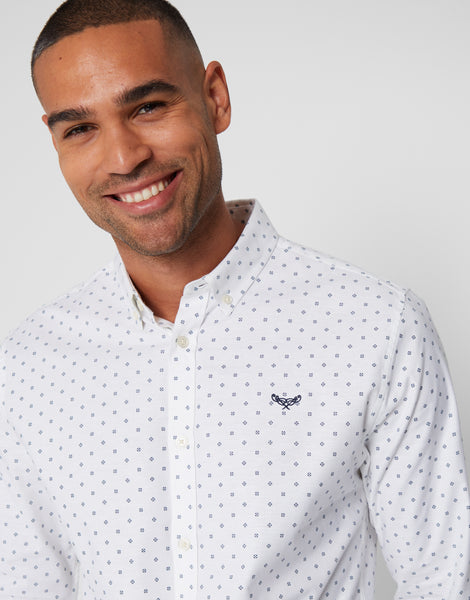 Men's White Geometric Print Long Sleeve Shirt – Threadbare