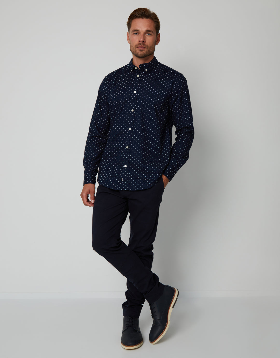 Navy Geometric Print Long Sleeve Shirt