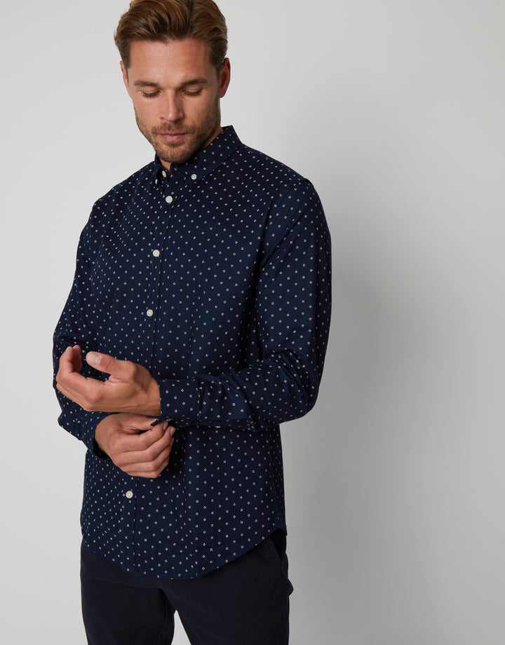 Navy Geometric Print Long Sleeve Shirt