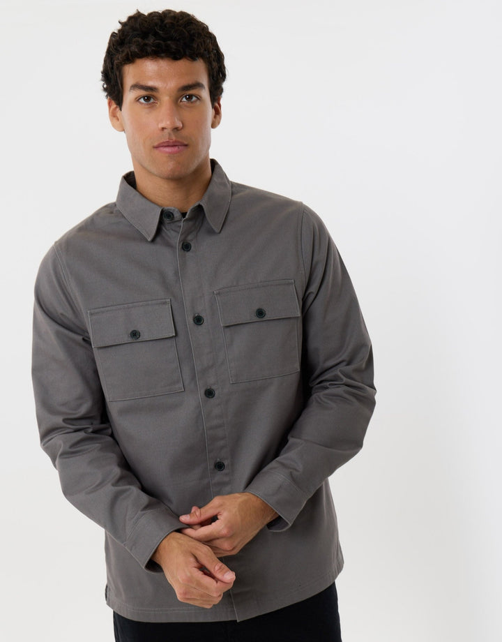 Cotton Twill Flannel Lined Shacket in Slate Grey