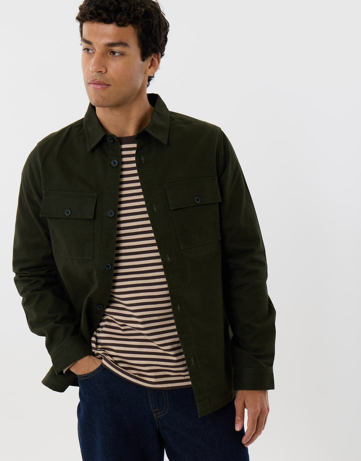 Cotton Twill Flannel Lined Shacket in Forest Green