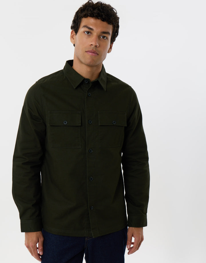 Cotton Twill Flannel Lined Shacket in Forest Green