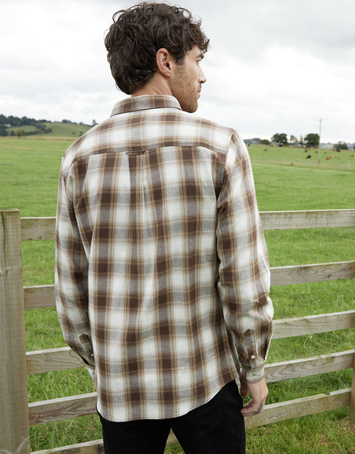 Chocolate Brown Brushed Flannel Check Long Sleeve Shirt