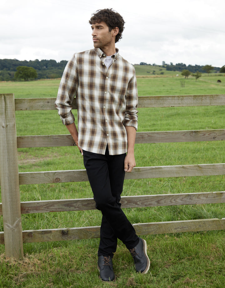Chocolate Brown Brushed Flannel Check Long Sleeve Shirt