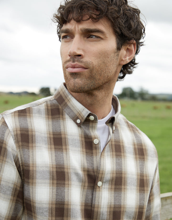Chocolate Brown Brushed Flannel Check Long Sleeve Shirt