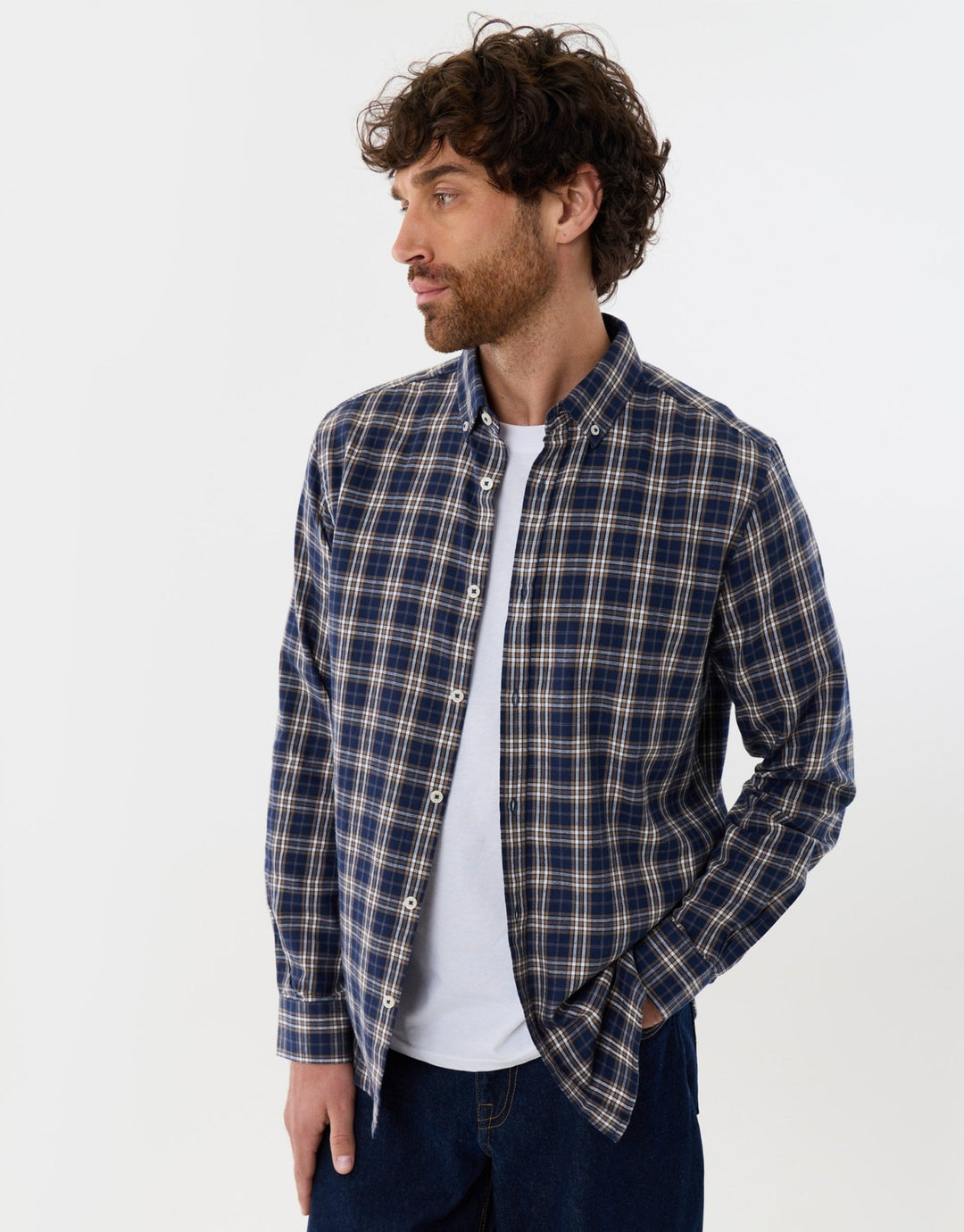 Brushed Flannel Long Sleeve Shirt in Navy Check