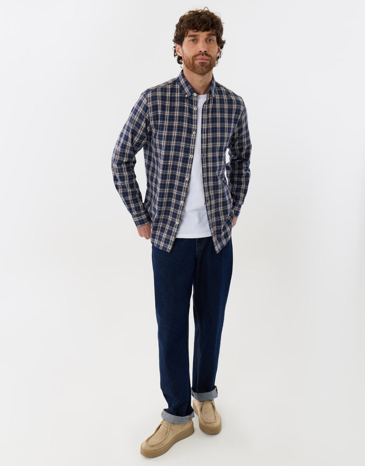 Brushed Flannel Long Sleeve Shirt in Navy Check