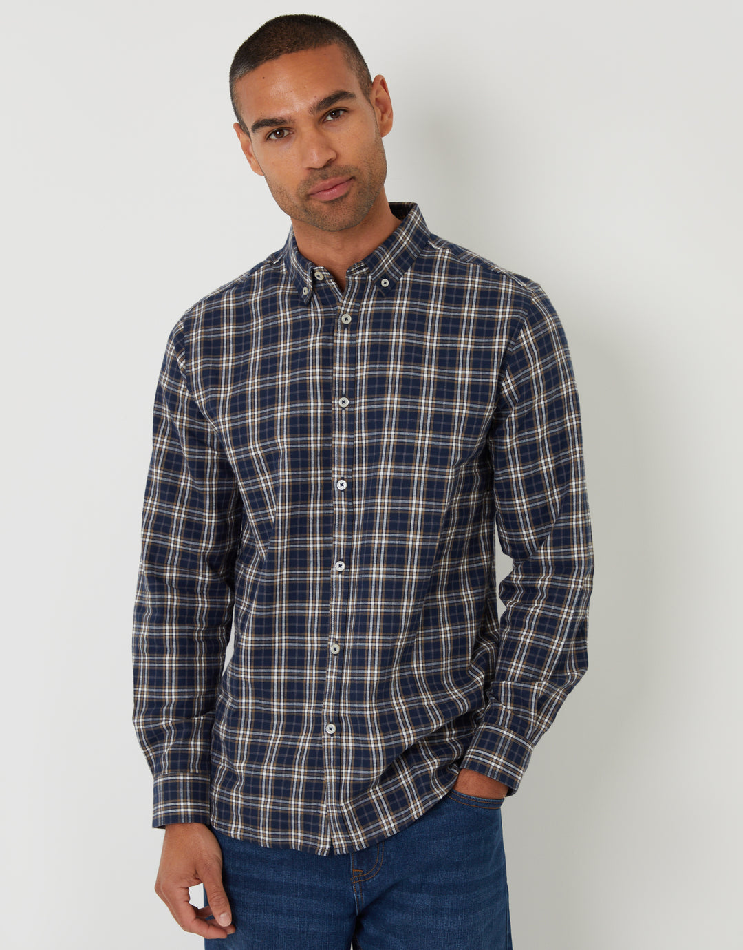Navy Brushed Flannel Check Long Sleeve Shirt