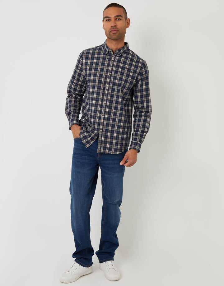 Navy Brushed Flannel Check Long Sleeve Shirt