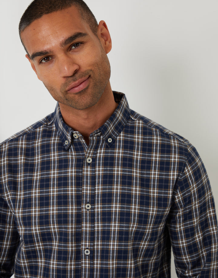 Navy Brushed Flannel Check Long Sleeve Shirt