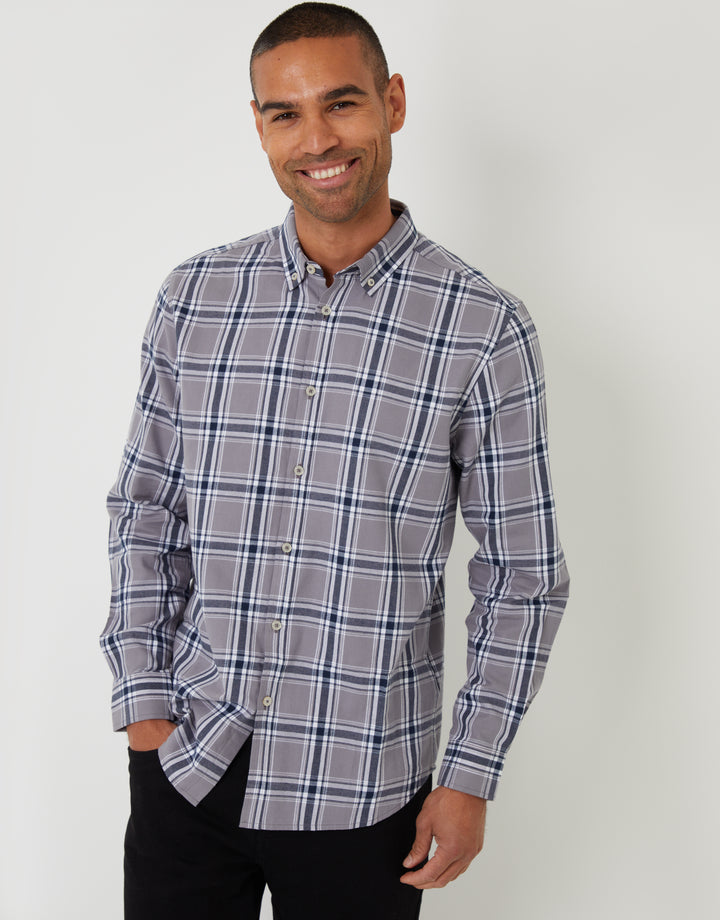 Grey Brushed Flannel Check Long Sleeve Shirt