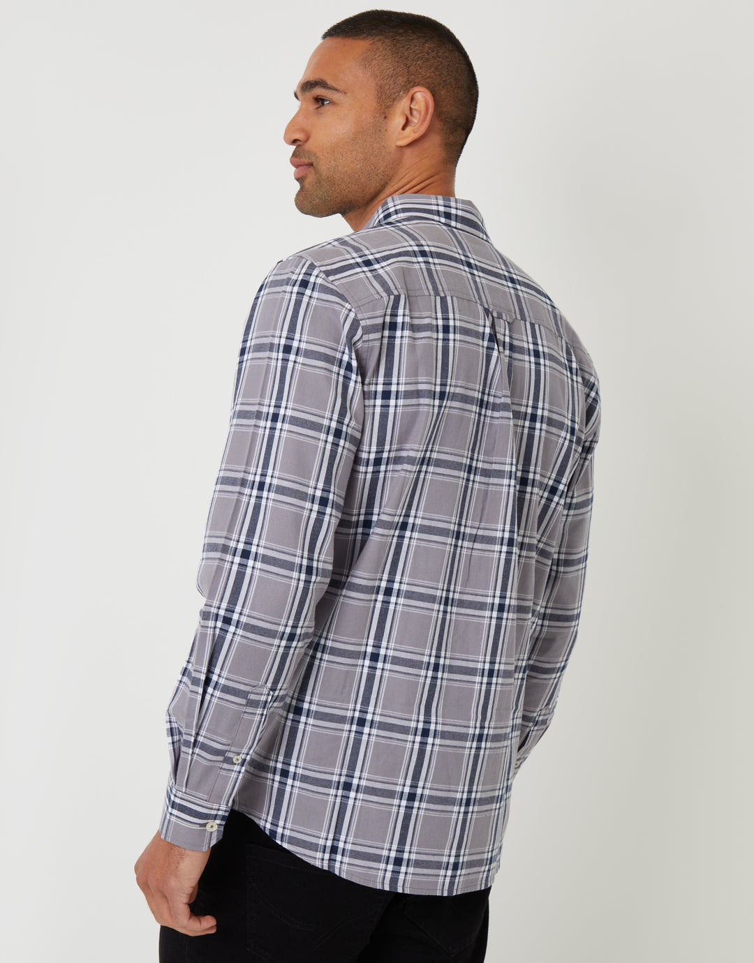 Grey Brushed Flannel Check Long Sleeve Shirt