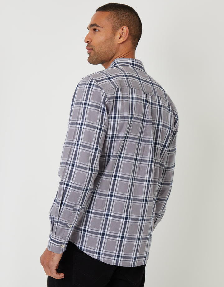 Grey Brushed Flannel Check Long Sleeve Shirt