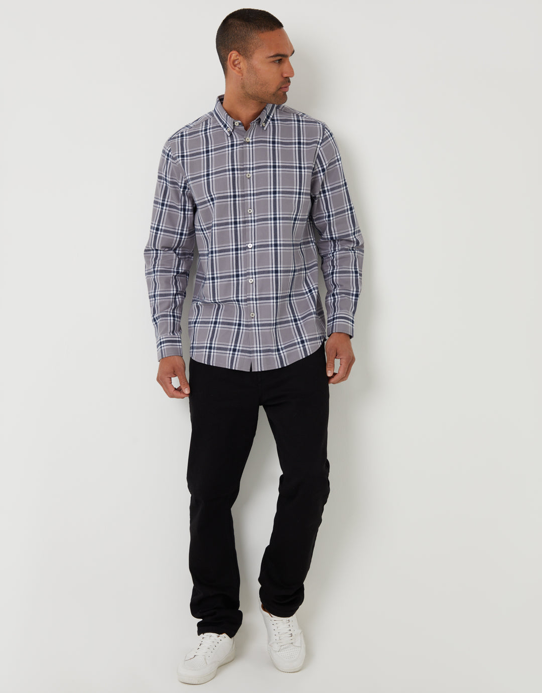Grey Brushed Flannel Check Long Sleeve Shirt