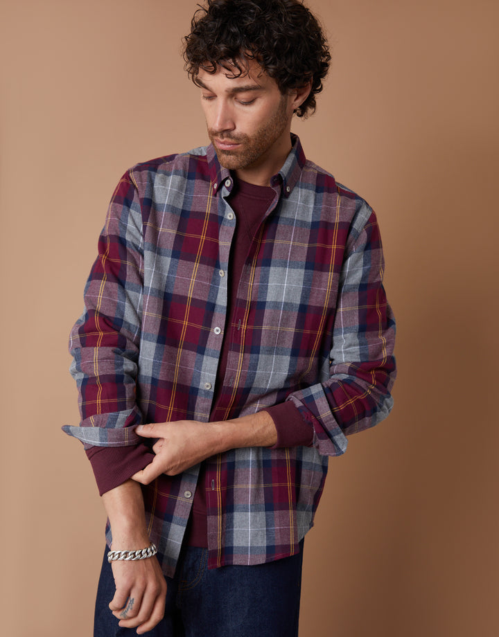 Burgundy Brushed Flannel Check Long Sleeve Shirt
