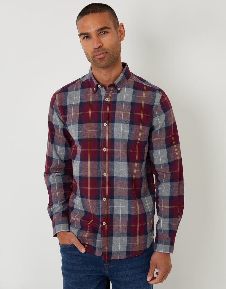 Burgundy Brushed Flannel Check Long Sleeve Shirt