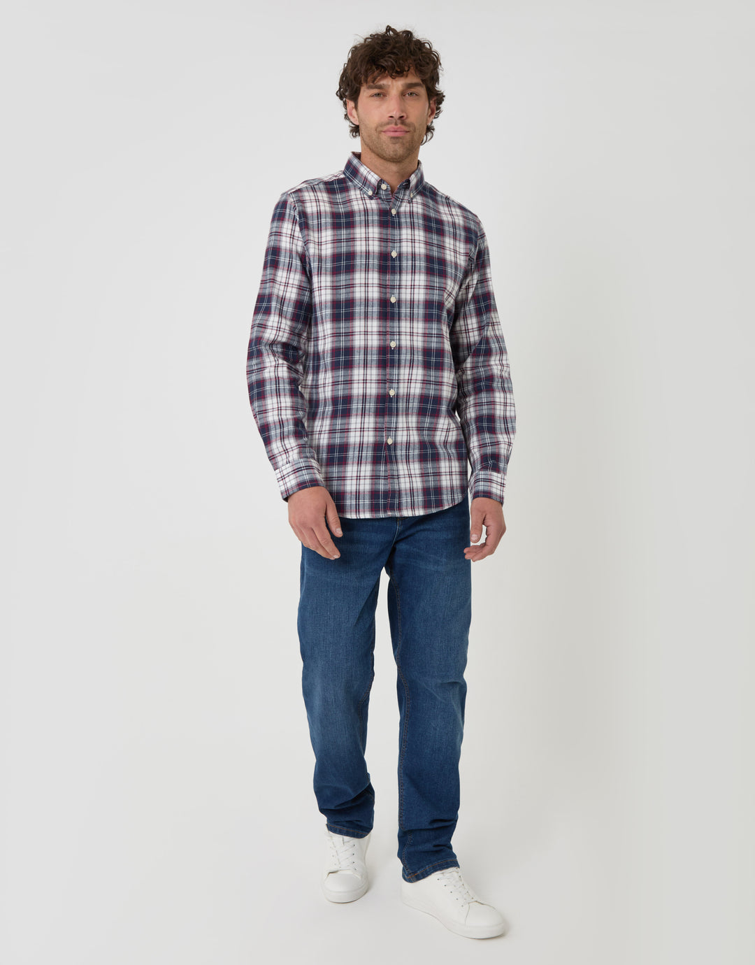 Threadbare Brushed Cotton Flannel Shirt in Navy Check - full body