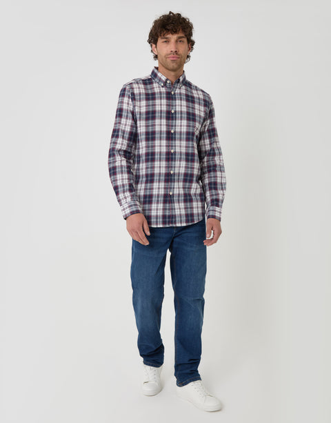 Threadbare Brushed Cotton Flannel Shirt in Navy Check - full body