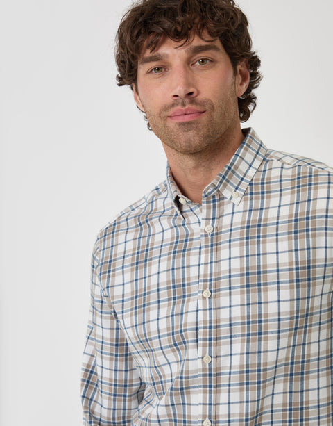 Threadbare Brushed Cotton Flannel Shirt in Cream Check - close up