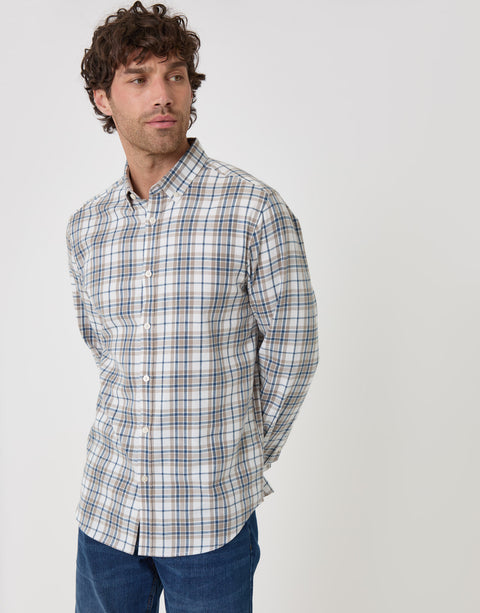 Threadbare Brushed Cotton Flannel Shirt in Cream Check - front view