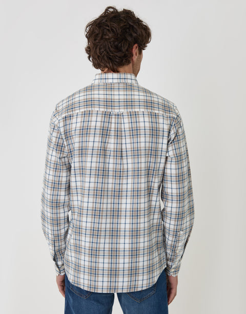Threadbare Brushed Cotton Flannel Shirt in Cream Check - back view