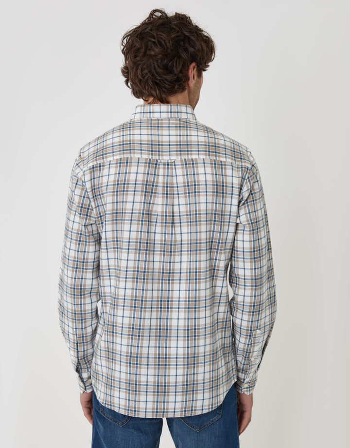 Threadbare Brushed Cotton Flannel Shirt in Cream Check - back view