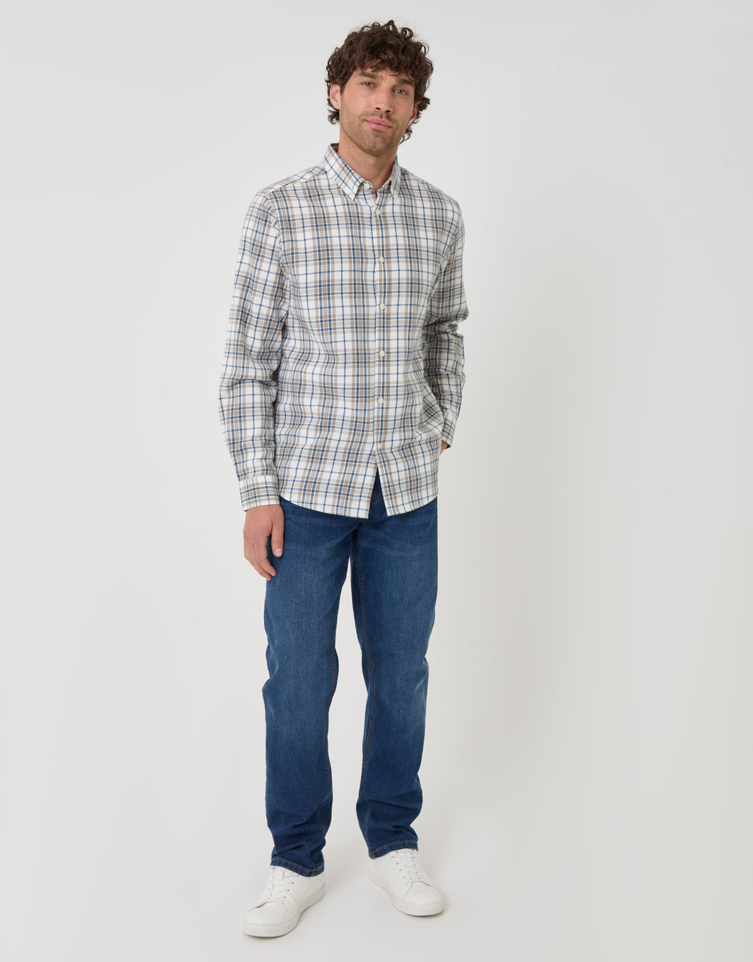 Threadbare Brushed Cotton Flannel Shirt in Cream Check - full body