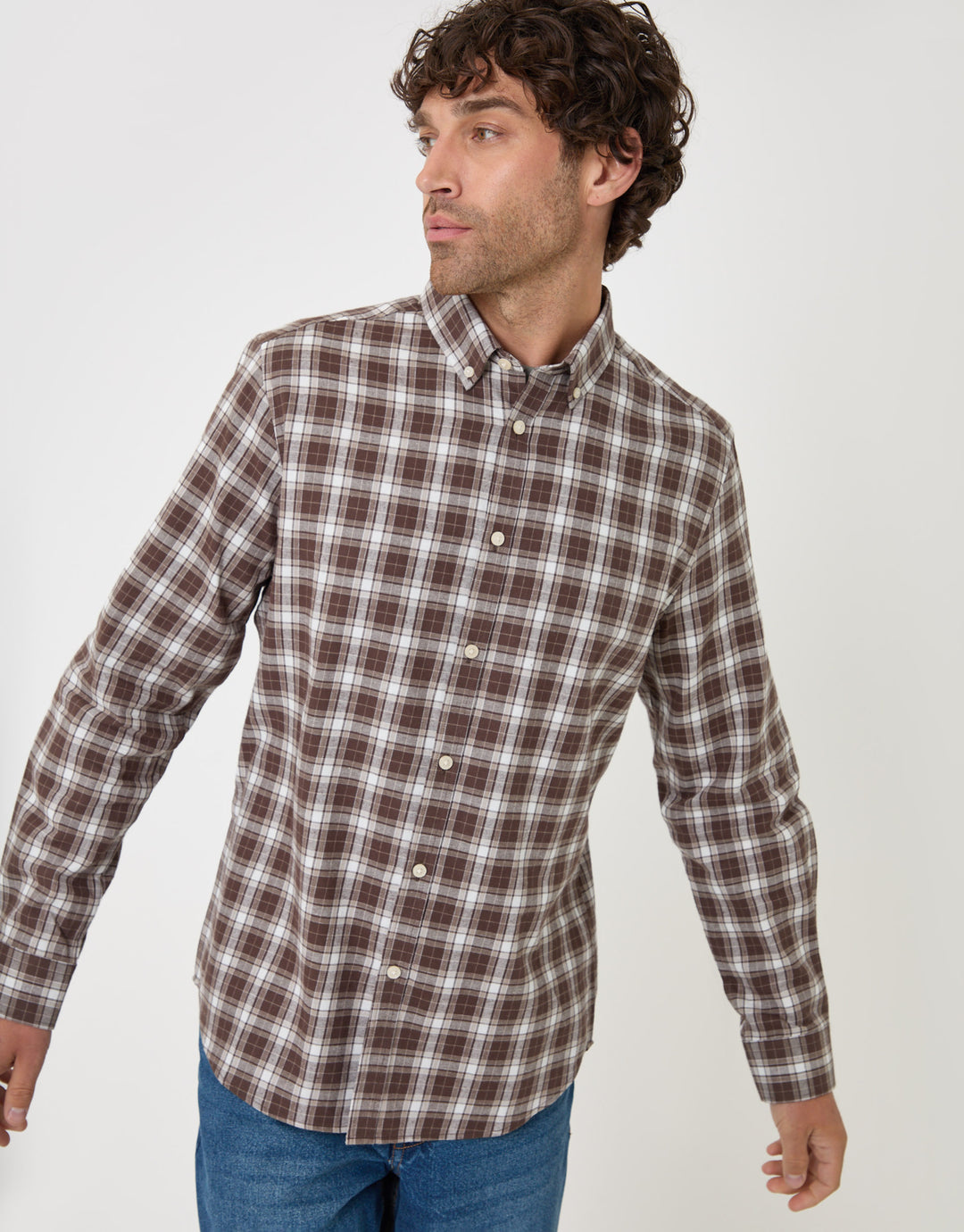 Threadbare Brushed Cotton Flannel Shirt in Chocolate Brown Check - front view